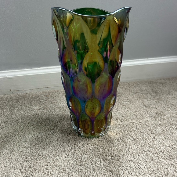 Large Green Optic Iridescent Glass Vase - Picture 4 of 7